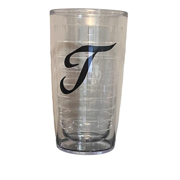 Tervis Tumbler 16oz Clear Plastic Cup Cursive Script " T " Like New in Plastic - Picture 1 of 2